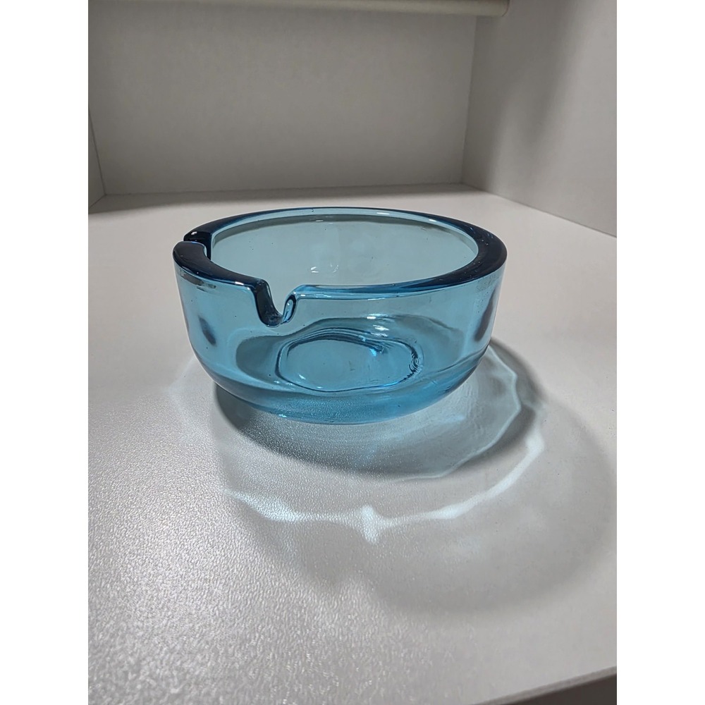 Vintage Blue Glass Ashtray | Mid Century Style | Heavy Glass | 3.75" Round - Picture 2 of 6